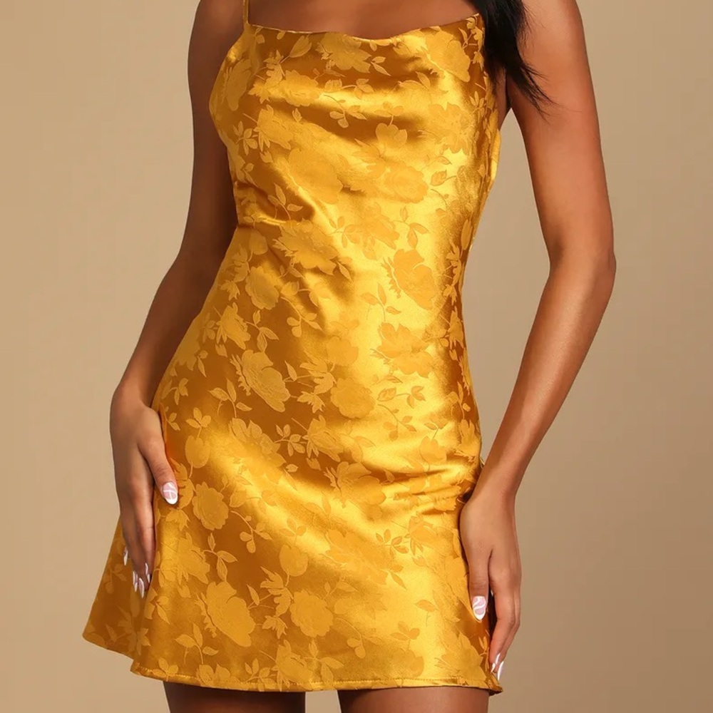 NWT - Close to Your Heart Golden Yellow Satin Jacquard Cowl Slip Dress - Size S